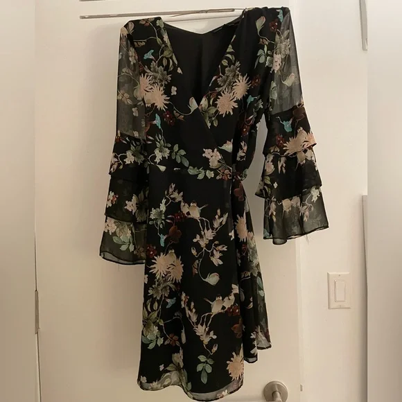 Slate & Willow | Dresses | Black Floral Fallwinter Dress Chiffon Wrap Dress  | Poshmark